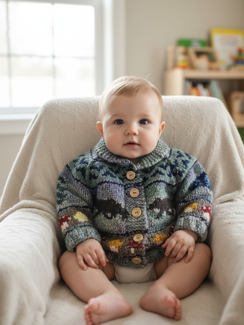Hand-Knit Baby Cardigan Sweater Mushrooms And Bears Infant Size